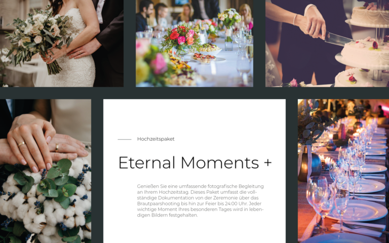 Collage von Hochzeitsfeier-Momenten mit Blumenarrangements, Torte und Brautpaar im Eternal Moments Plus-Paket